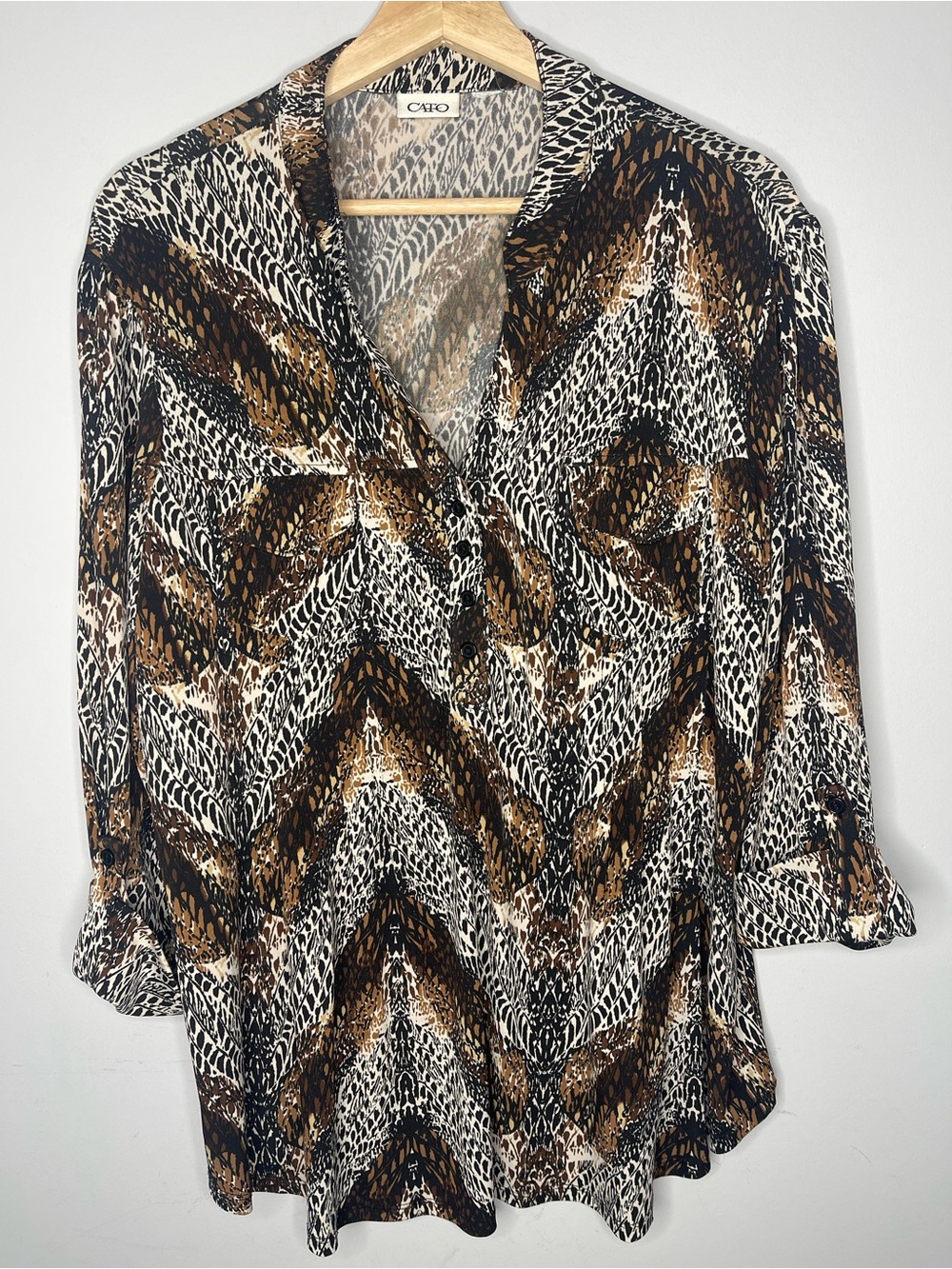 Cato Earth Tone Chevron Animal Print Roll-Tab Sleeve Tunic Blouse (Large)